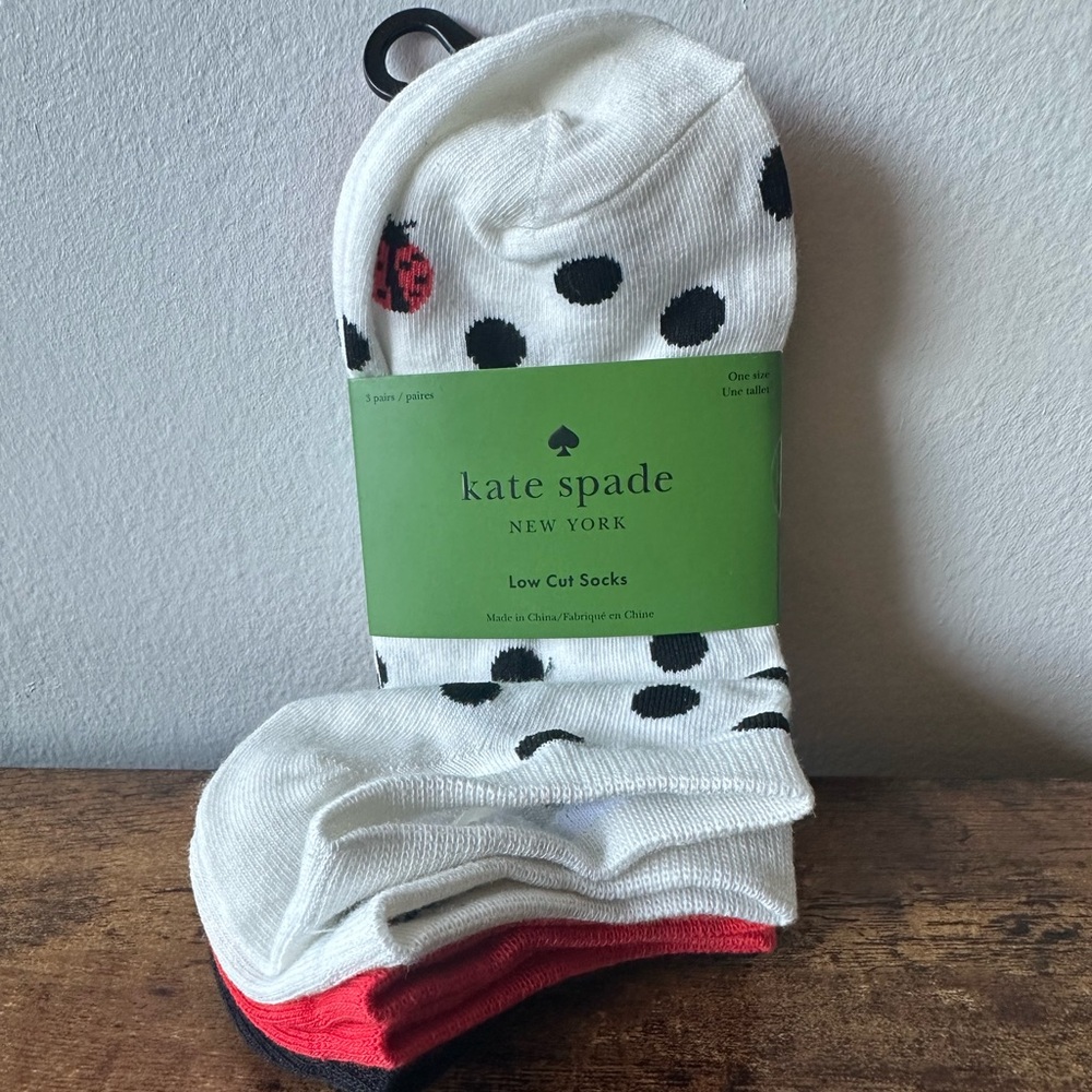 Kate Spade 3-Pack Low Cut Socks Ladybug Polka Dot, Red, Black One Size NWT